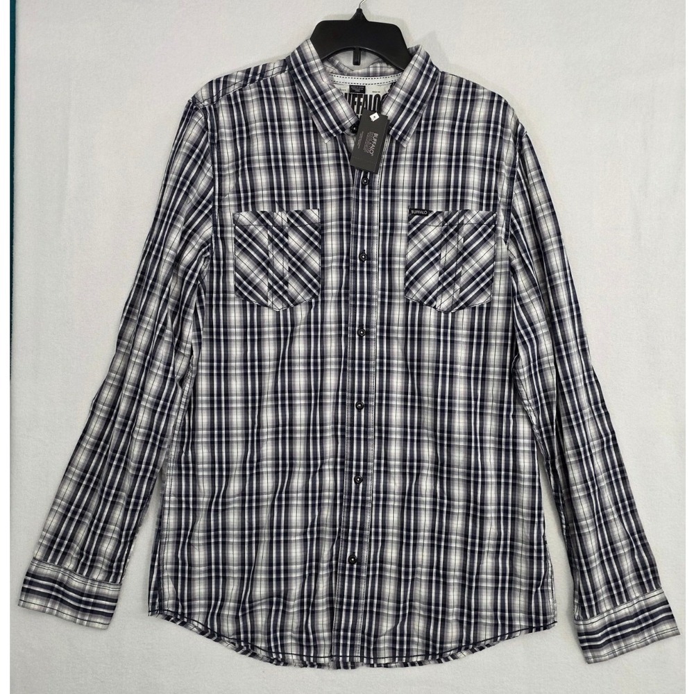 Buffalo David Bitton Silard Plaid Shirt Large Navy Blue Cotton Button Down 0498